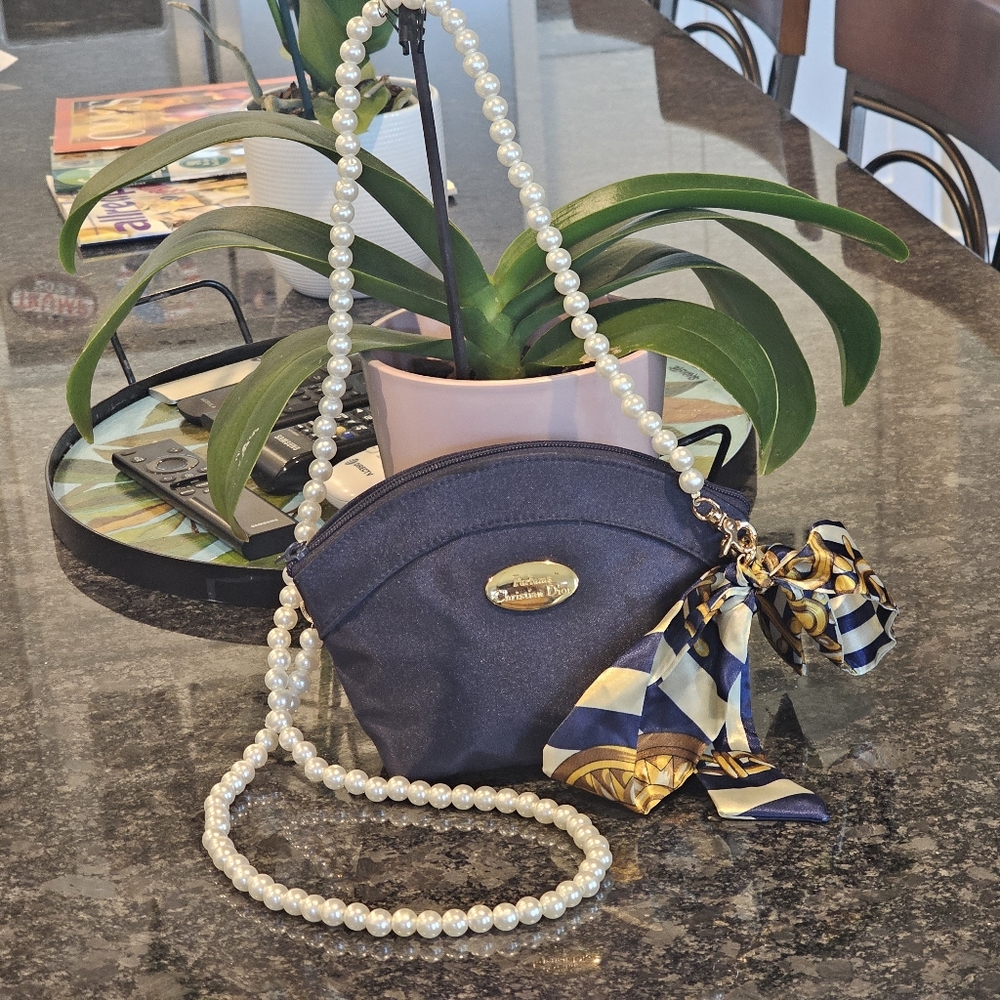 Dior, Elegant Navy Blue Bag with Pearl Strap